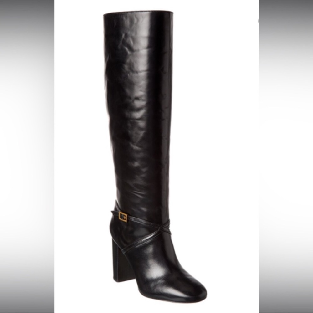 Tory Burch Pull On Leather Knee High Heeled Black Boots